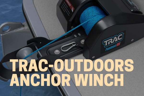 trac outdoors electric anchor winch mounted to a pontoon boat